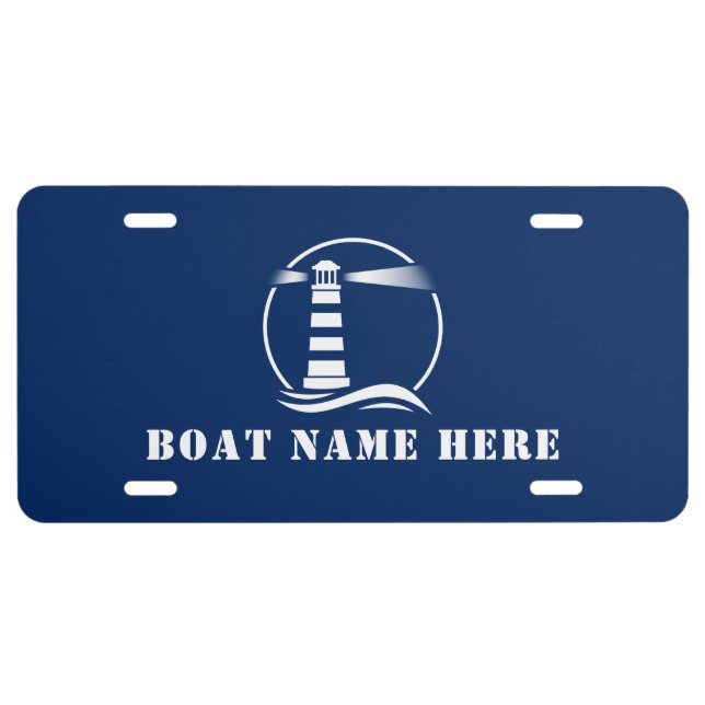 Custom Lighthouse Your Boat Name or Text Navy Blue License Plate (Front)