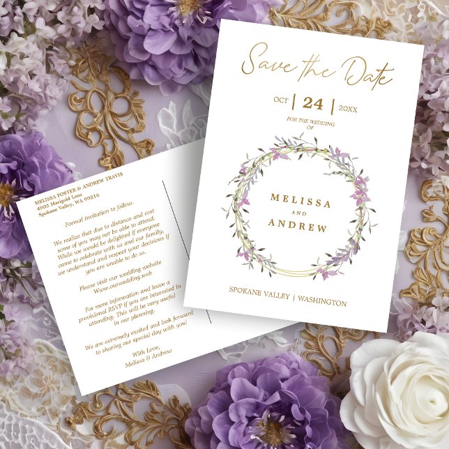 Custom Lilac Elegant Garland Wreath Wedding Announcement Postcard (Custom Lilac Elegant Garland Wreath Wedding Save the Date Postcard.)