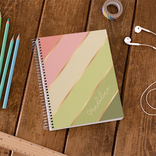 Custom Lime Fern Green Blush Rose Pink Art Stripes Notebook