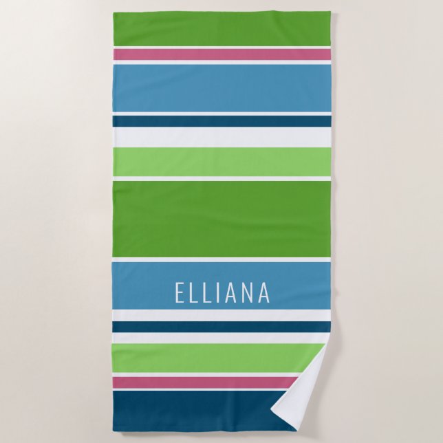 Custom Lime Green Dark Blue Hot Pink White Stripes Beach Towel (Front)
