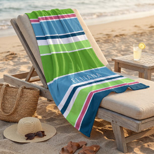 Custom Lime Green Dark Blue Hot Pink White Stripes Beach Towel