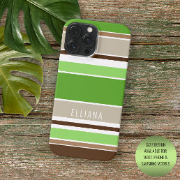 Custom Lime Green Dark Brown Beige White Stripes iPhone 15 Pro Max Case