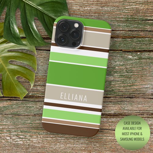 Custom Lime Green Dark Brown Beige White Stripes iPhone 15 Pro Max Case