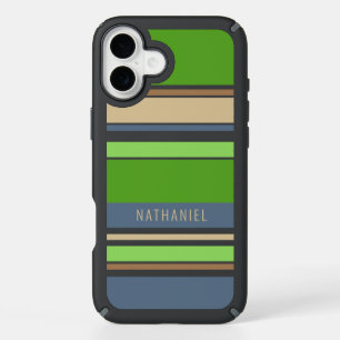 Custom Lime Green Gray Blue Brown Beige Stripes iPhone 16 Plus Case