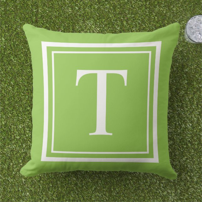 Custom Lime Green Square Monogram Initial Letter Outdoor Pillow (Grass)