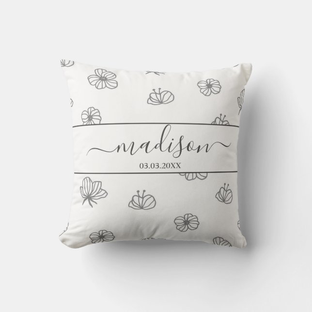 Custom Line Art Floral Throw Pillow (Front)