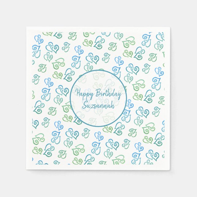 Custom Linked Green Blue Heart Pattern Over White Napkins (Front)