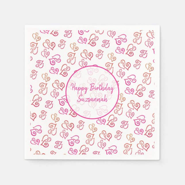 Custom Linked Orange Pink Heart Pattern Over White Napkins (Front)