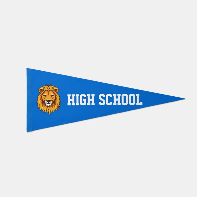 Custom Lion Face & High School Text on Blue Pennant Flag (Front)