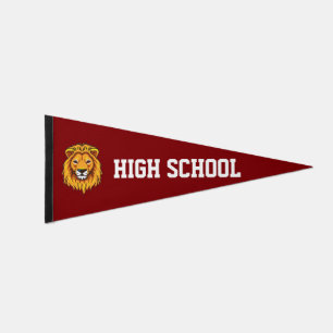 Custom Lion Face & High School Text on Maroon Pennant Flag