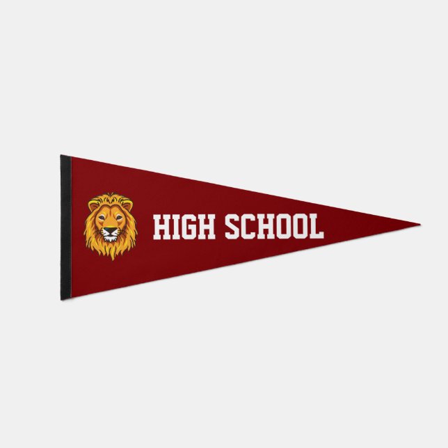 Custom Lion Face & High School Text on Maroon Pennant Flag (Front)
