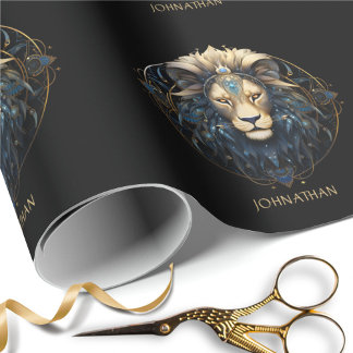 Custom Lion Zodiac Symbol Black Gold Cosmic Leo Wrapping Paper