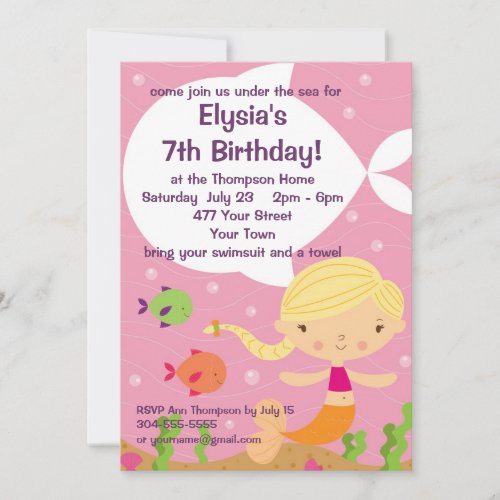 Custom Little Girls Mermaid Birthday Party Invitation