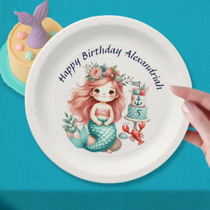Custom Little Girls Mermaid Birthday Party Pink Paper Plates