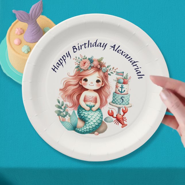 Custom Little Girls Mermaid Birthday Party Pink Paper Plates (Creator Uploaded)