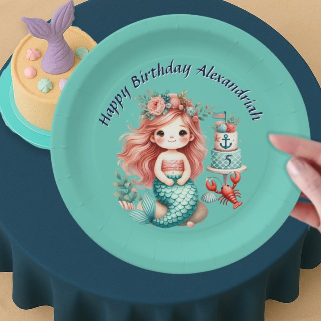 Custom Little Girls Mermaid Birthday Party Teal Paper Plates (Creator Uploaded)