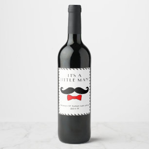 Custom Little Man It's A Boy Mustache Red Bow Wine Label