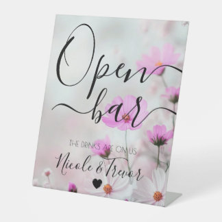 Custom Little Pretty Pink Flowers Wedding Open Bar Pedestal Sign
