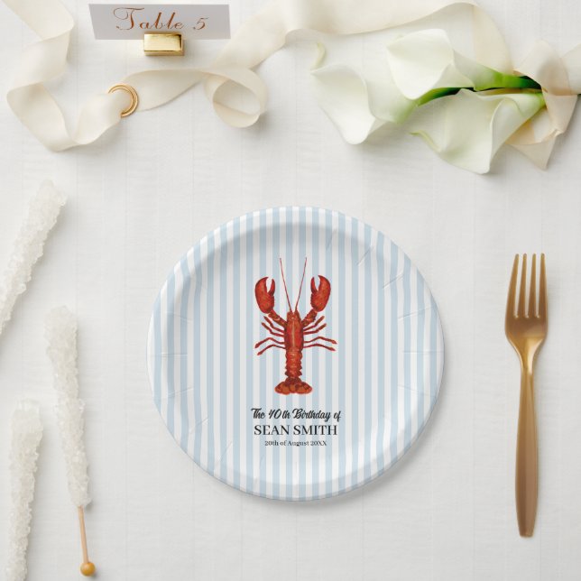 Custom Lobster Boil Nautical Blue Stripe Paper Plates (Wedding)