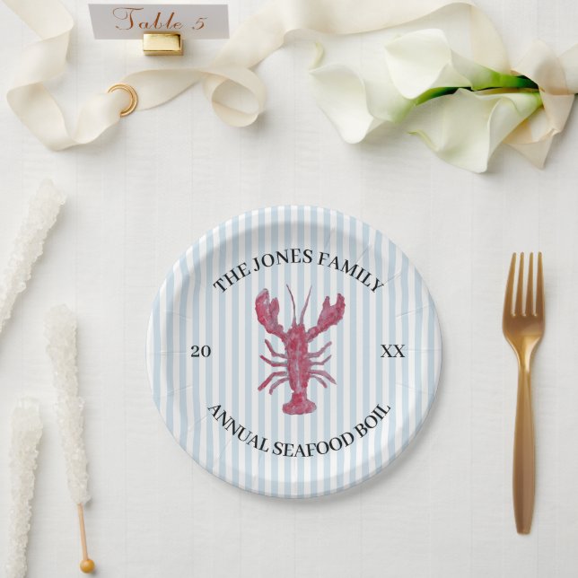 Custom Lobster Boil Nautical Blue Stripe Paper Plates (Wedding)
