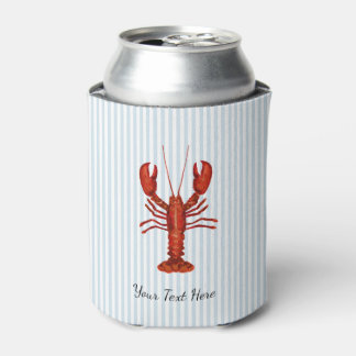 Custom Lobster Painting Coastal Blue Stripe Can Cooler