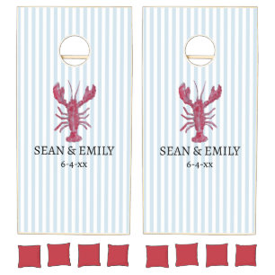 Custom Lobster Painting Nautical Stripe Wedding Cornhole Set