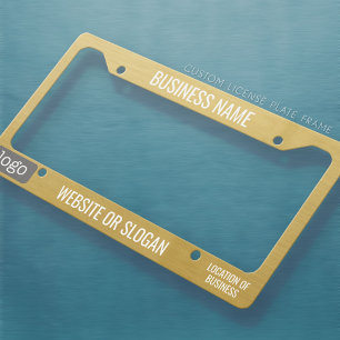 Custom Logo, 2 Lines plus Small Text Corner Gold License Plate Frame