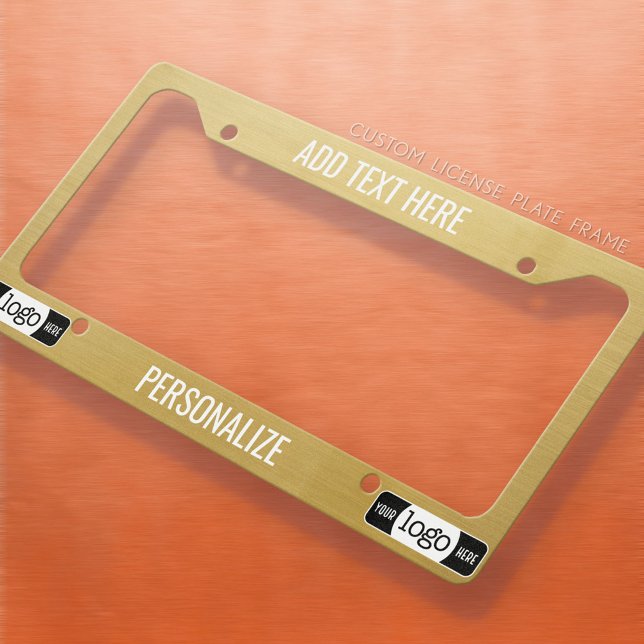 Custom Logo, 2 Lines Text, Brushed Gold Print License Plate Frame (Personalized Car License Frame)