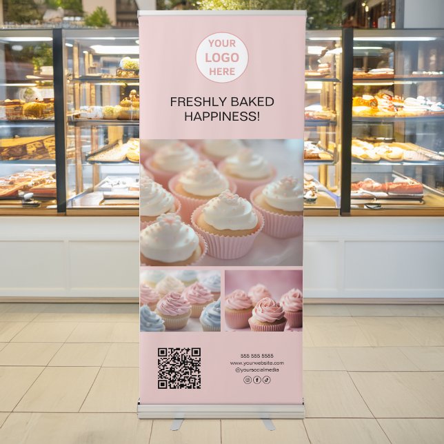 Custom Logo 3 Photos QR Bakery Business Pink Retractable Banner (Custom Logo 3 Photos QR Bakery Business Pink Retractable Banner)