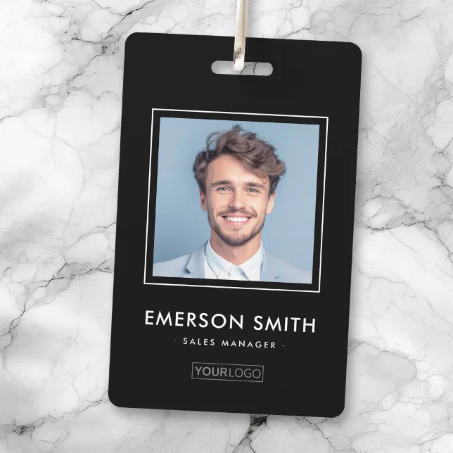 Custom logo and photo black employee name title id badge | Zazzle