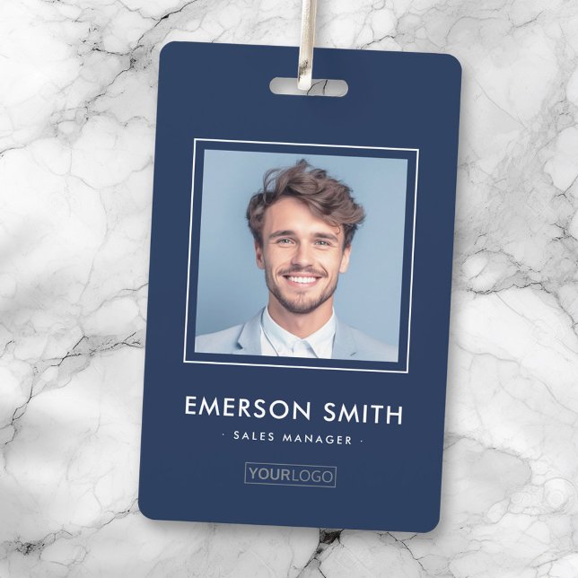 Custom logo and photo dark blue employee name id badge (Creator Uploaded)