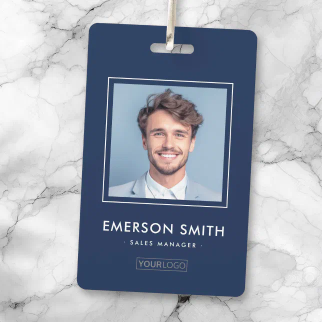 Custom logo and photo dark blue employee name id badge | Zazzle