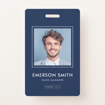 Custom logo and photo dark blue employee name id badge | Zazzle