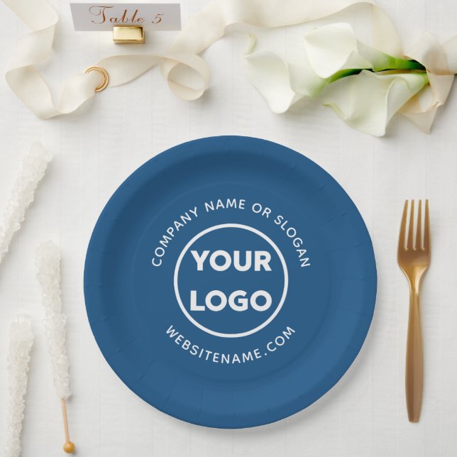 Custom Logo and Text Blue Business Event Paper Plates (Wedding)