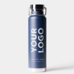 Custom Logo and Text on 2 Sides Navy Blue Water Bottle<br><div class="desc">Advertise with your business logo, slogan, company name, website or other custom text on 2 sides of a branded navy blue water bottle. Replace the sample logo and text with your own in the sidebar. White or light colored logos will work best with the dark background. Your brand symbol can...</div>