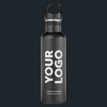 Custom Logo and Text on Black Stainless Steel Water Bottle<br><div class="desc">Advertise with your business logo, slogan, company name, website or other custom text on a branded matte black stainless steel water bottle. Replace the sample logo and text with your own in the sidebar. White or light colored logos will work best with the dark background. Your brand symbol can be...</div>