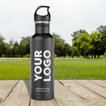 Custom Logo And Text On Black Stainless Steel Water Bottle by RocklawnArts at Zazzle