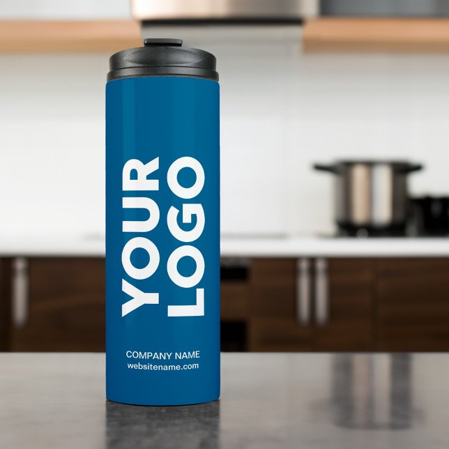 Custom Logo and Text on Blue Thermal Tumbler (Custom Logo and Text on Blue Thermal Tumbler in situ)