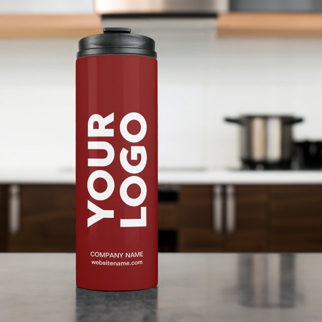 Custom Logo and Text on Dark Red Thermal Tumbler (Custom Logo and Text on Dark Red Thermal Tumbler in situ)