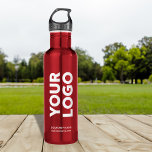 Custom Logo and Text on Red Stainless Steel Water Bottle<br><div class="desc">Advertise with your business logo, slogan, company name, website or other custom text on a branded red stainless steel water bottle. Replace the sample logo and text with your own in the sidebar. White or light colored logos will work best with the dark background. Your brand symbol can be any...</div>