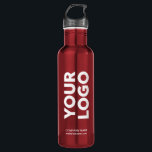 Custom Logo and Text on Red Stainless Steel Water Bottle<br><div class="desc">Advertise with your business logo, slogan, company name, website or other custom text on a branded red stainless steel water bottle. Replace the sample logo and text with your own in the sidebar. White or light colored logos will work best with the dark background. Your brand symbol can be any...</div>