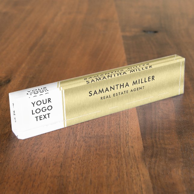 Custom Logo and Text White & Gold Background Desk Name Plate (Side)