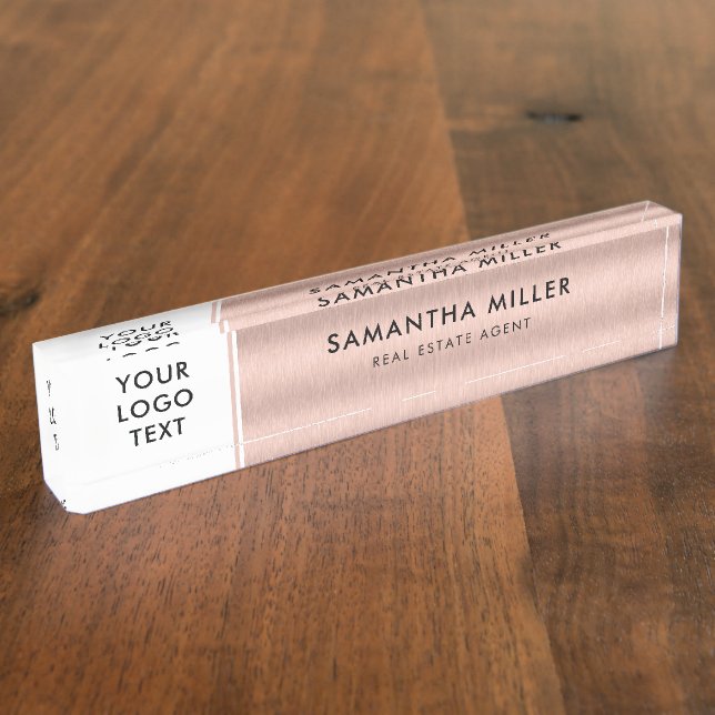 Custom Logo and Text White & Rose Gold Desk Name Plate (Side)