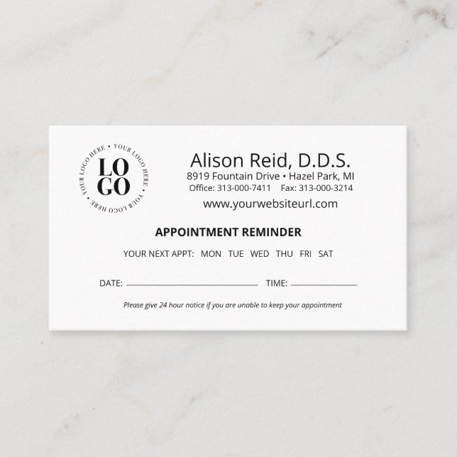 Custom Logo Appointment Reminder Card (Front)