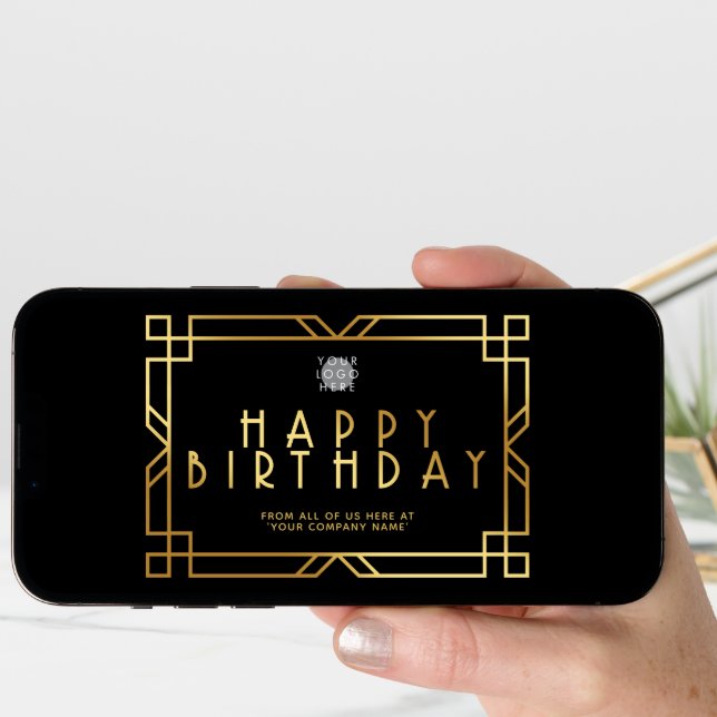 Custom Logo Art Deco Gold Business Birthday Black Card (Front Digital)
