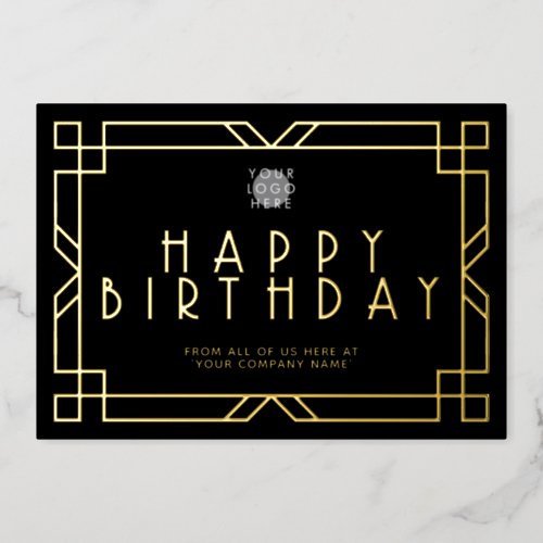 Custom Logo Black Art Deco Business Birthday Gold Foil Invitation