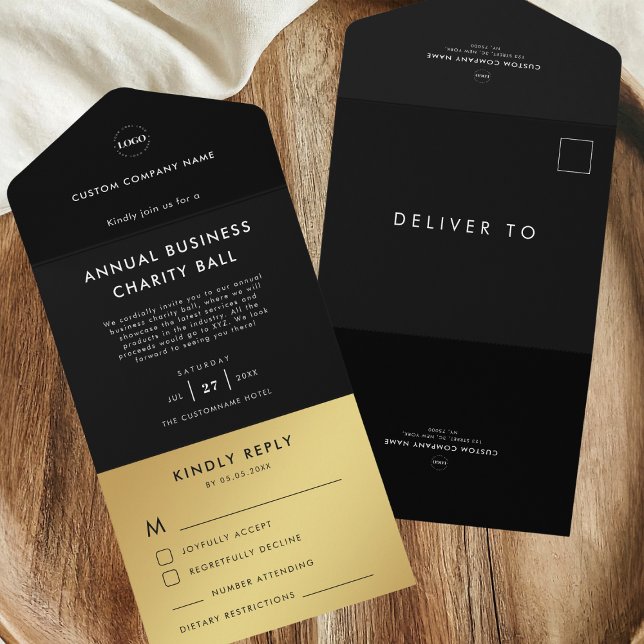 Custom Logo Black Gold Business Event Party RSVP All In One Invitation (Creator Uploaded)