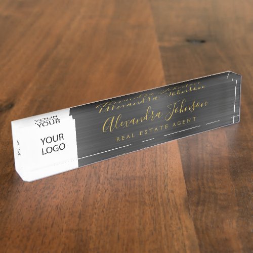 Custom Logo Black Gold Elegant Professional Desk Name Plate