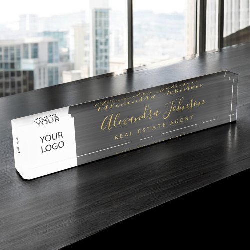 Custom Logo Black Gold Elegant Professional Desk Name Plate