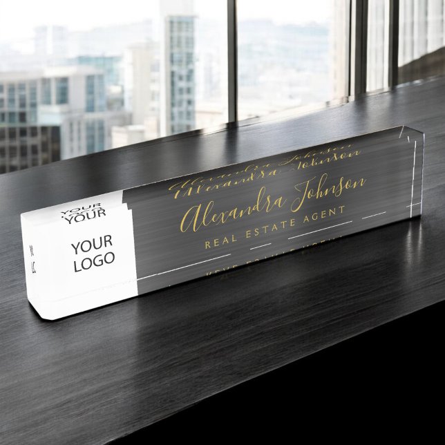 Custom Logo Black Gold Elegant Professional Desk Name Plate (Creator Uploaded)